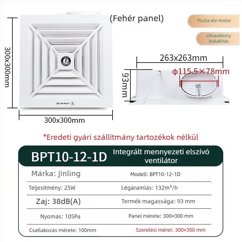 Golden Ling beépített mennyezetre szerelt szellőző ventilátor, ultra vékony, 300x300 mm, modell BPT10-12-1D, ABS ház, mechanikus vezérlés