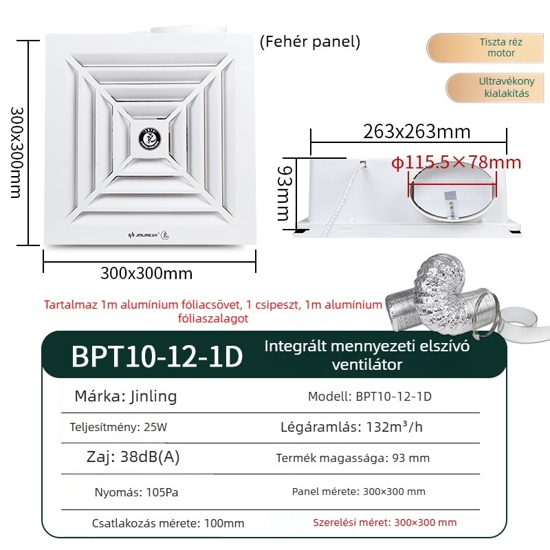 Golden Ling beépített mennyezetre szerelt szellőző ventilátor, ultra vékony, 300x300 mm, modell BPT10-12-1D, ABS ház, mechanikus vezérlés