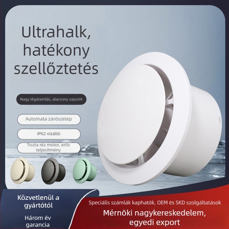 Némító fürdőszobai ventillátor ablakos típus, gombafej kimenet, falra szerelhető, vízálló