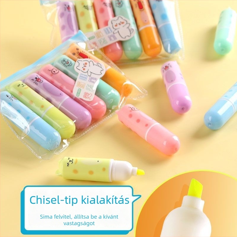 Macskás témájú kiemelő toll, színes jegyzetelő toll naplóíráshoz, ferde hegyű, szemkímélő jelölő toll