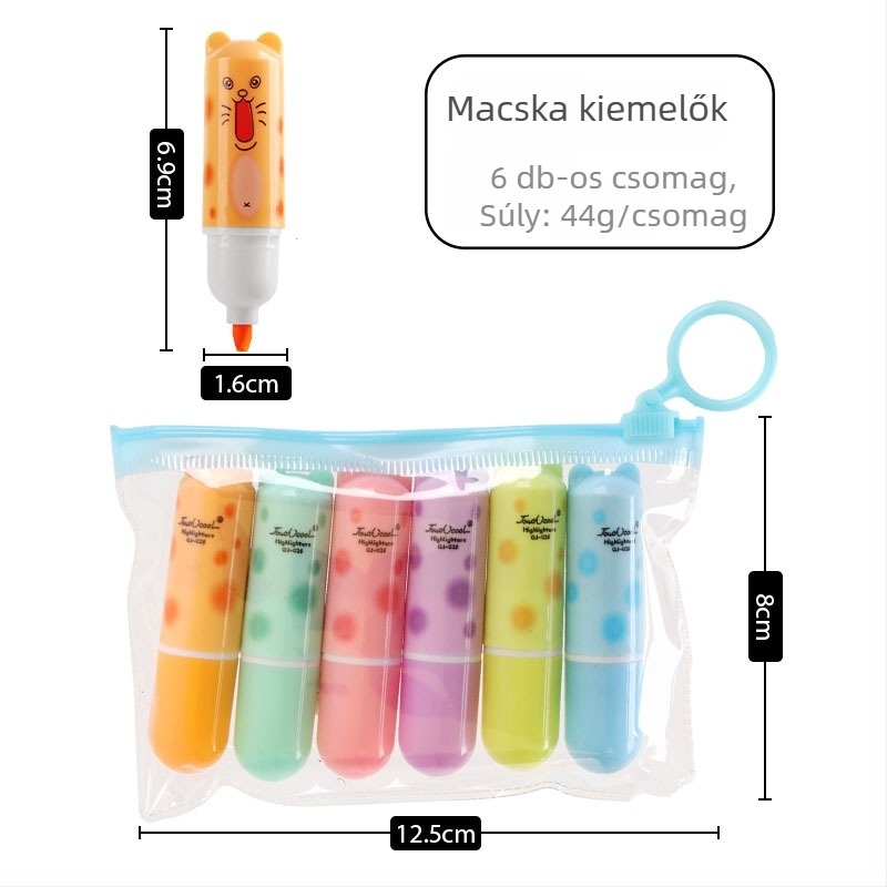 Macskás témájú kiemelő toll, színes jegyzetelő toll naplóíráshoz, ferde hegyű, szemkímélő jelölő toll