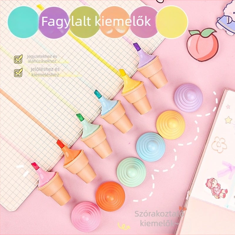 Jégkrém formájú kiemelő toll, 6 színű, diákoknak, mini jegyzetfüzet és tolltartó