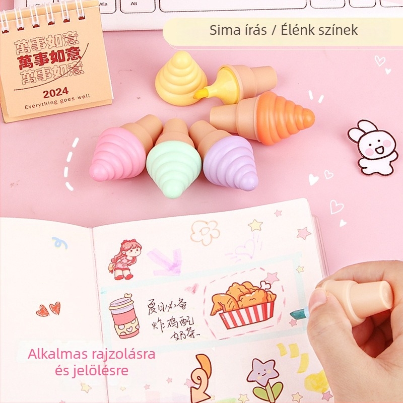 Jégkrém formájú kiemelő toll, 6 színű, diákoknak, mini jegyzetfüzet és tolltartó