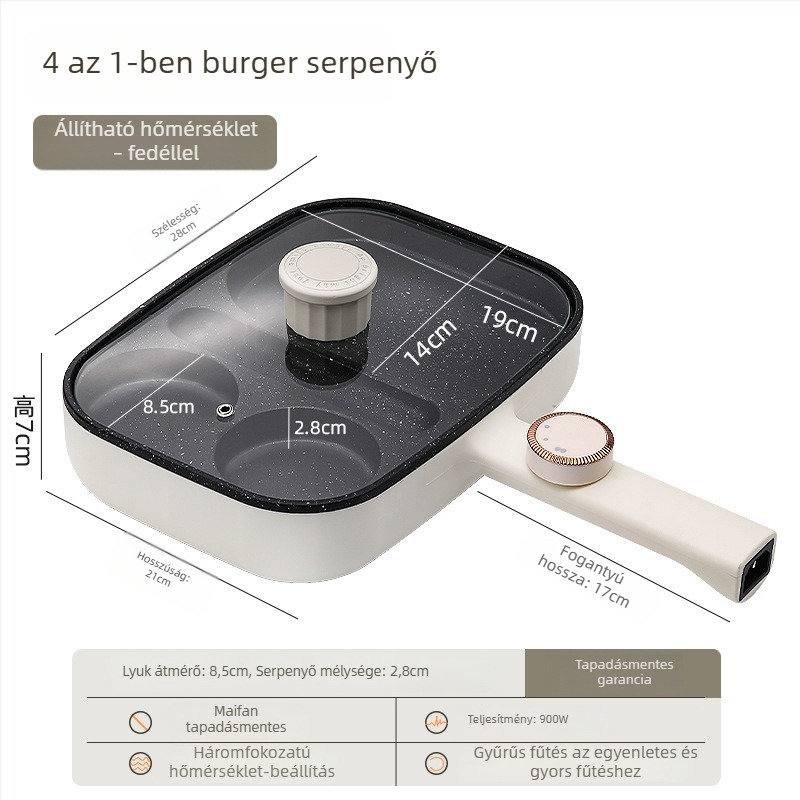 Elektromos, tapadásmentes sík serpenyő tojásokhoz és hamburgerekhez, 3-in-1 reggelis serpenyő, négy lyukú tojás sütőeszköz