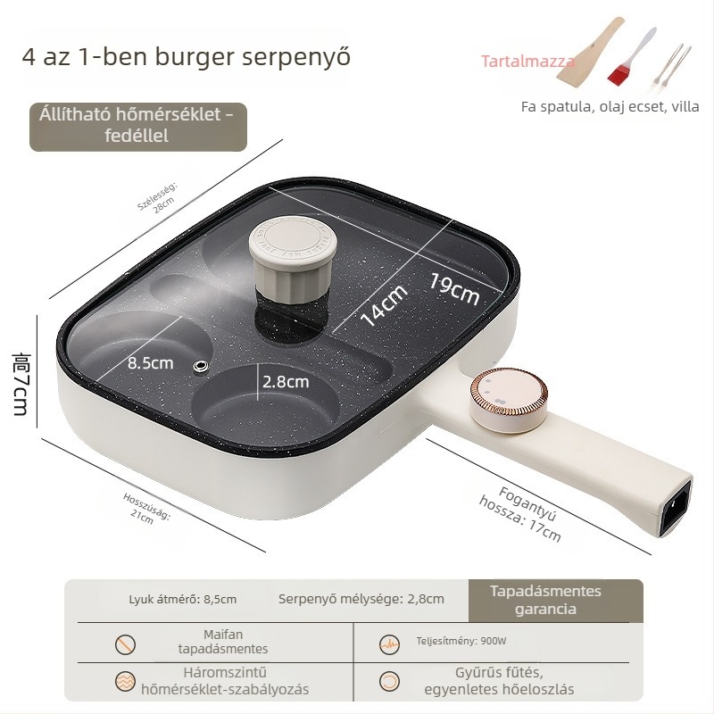 Elektromos, tapadásmentes sík serpenyő tojásokhoz és hamburgerekhez, 3-in-1 reggelis serpenyő, négy lyukú tojás sütőeszköz