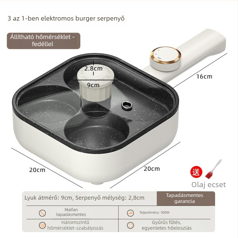 Elektromos, tapadásmentes sík serpenyő tojásokhoz és hamburgerekhez, 3-in-1 reggelis serpenyő, négy lyukú tojás sütőeszköz