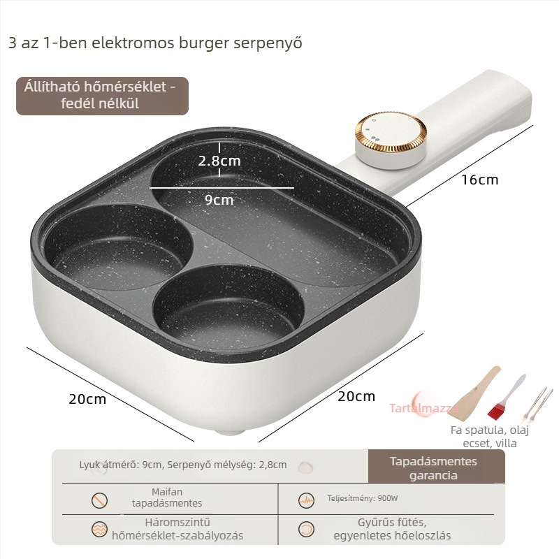 Elektromos, tapadásmentes sík serpenyő tojásokhoz és hamburgerekhez, 3-in-1 reggelis serpenyő, négy lyukú tojás sütőeszköz