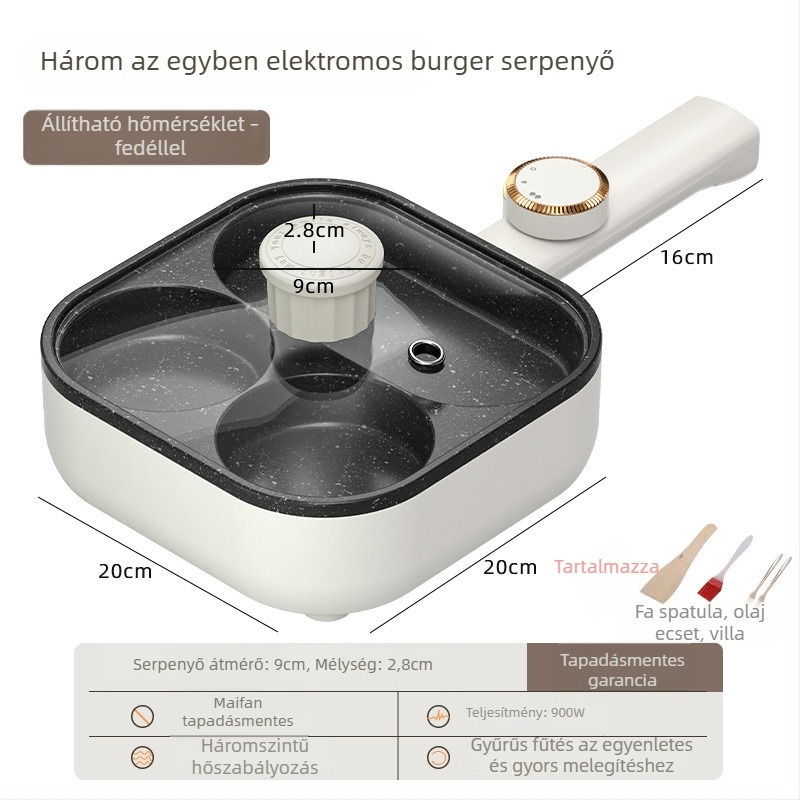 Elektromos, tapadásmentes sík serpenyő tojásokhoz és hamburgerekhez, 3-in-1 reggelis serpenyő, négy lyukú tojás sütőeszköz