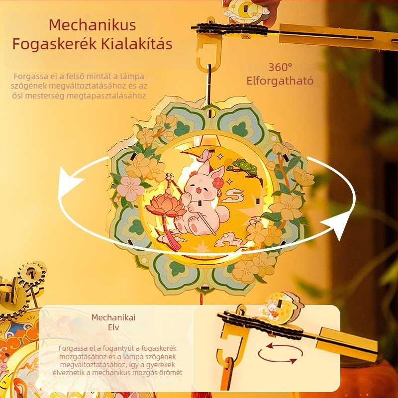 Világító, kézben tartható forgó palota lámpás – klasszikus stílusú DIY készlet nyuszi motívummal