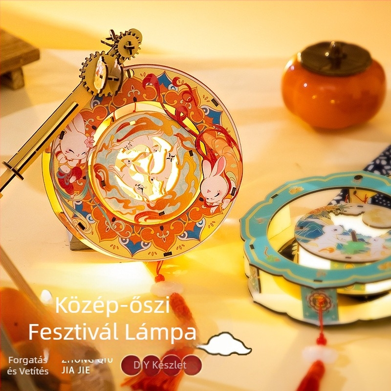 Világító, kézben tartható forgó palota lámpás – klasszikus stílusú DIY készlet nyuszi motívummal