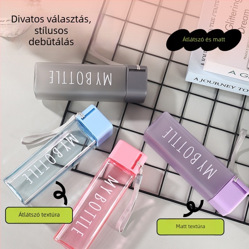 Új minimalistikus négyszögletes PC műanyag pohár diákok számára, szivárgásmentes és zárt, sportos víz pohár, kültéri hordozható