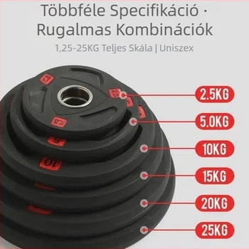 Háromlyukas gumírozott súlyzó korongok, nagy központi lyukkal, kopásálló és csúszásmentes edzőtermi használatra
