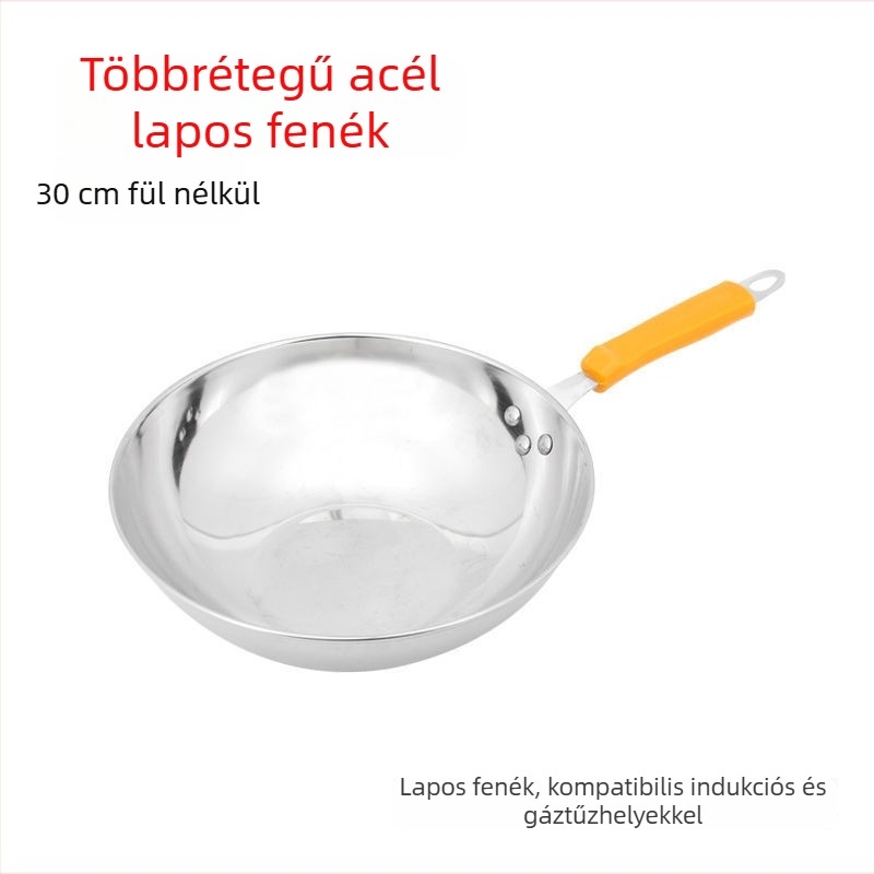 Füstmentes, bevonat nélküli rozsdamentes acél wok, otthoni használatra – kompatibil indukciós és gáztűzhelyhez