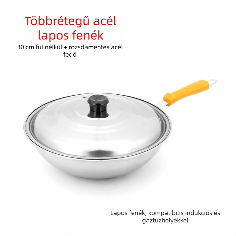 Füstmentes, bevonat nélküli rozsdamentes acél wok, otthoni használatra – kompatibil indukciós és gáztűzhelyhez