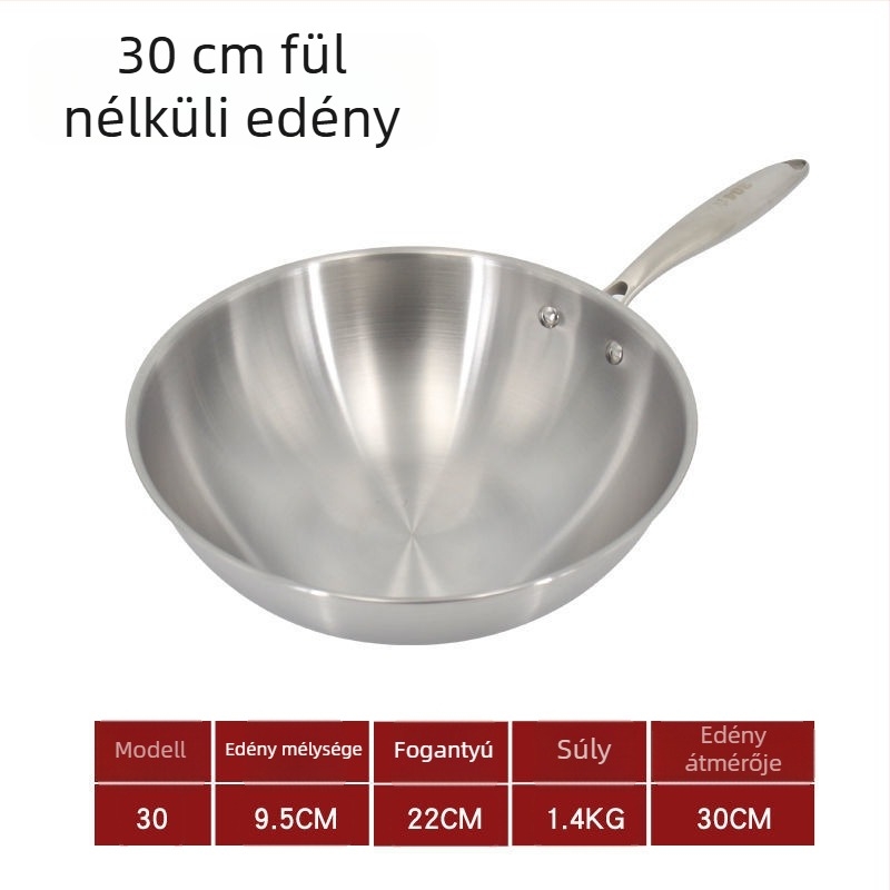 Füstmentes, bevonat nélküli rozsdamentes acél wok, otthoni használatra – kompatibil indukciós és gáztűzhelyhez