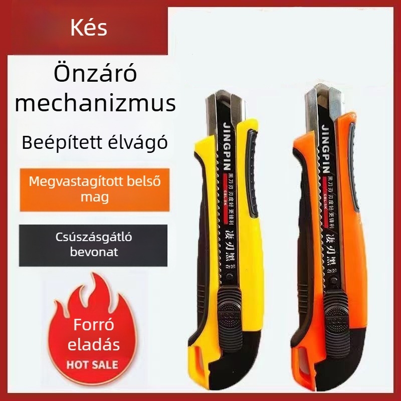Nagy méretű általános kés fekete pengével – csomagok felbontásához, papír- és tapétavágáshoz, vastított magas széntartalmú acélból, többfunkciós