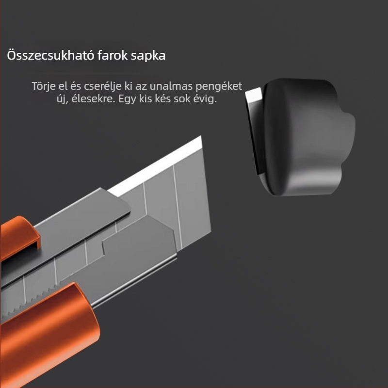 18 mm-es irodai és raktári vágó kés önzáró mechanizmussal és két SK5 tartalék pengével