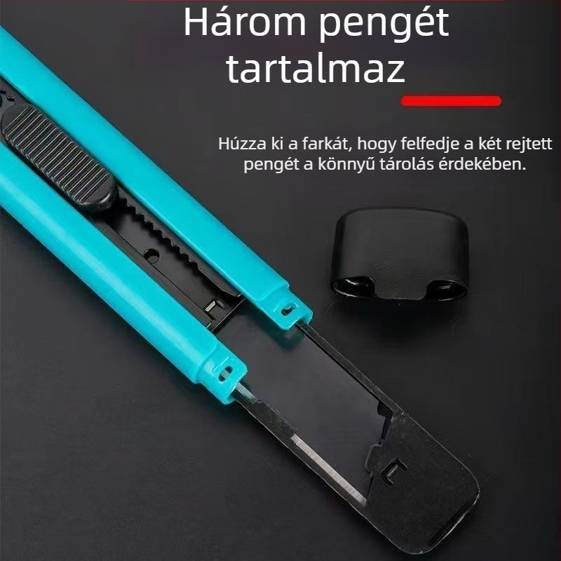 18 mm-es irodai és raktári vágó kés önzáró mechanizmussal és két SK5 tartalék pengével