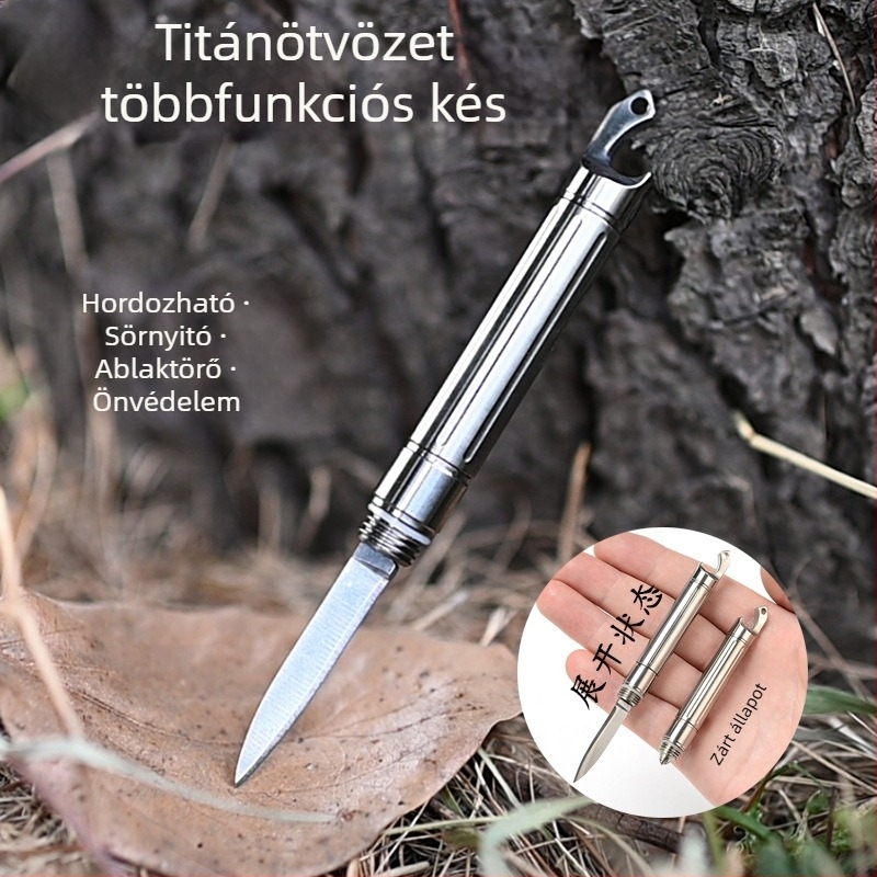 Titánium ötvözetű, többfunkciós kés, mini levélnyitó, wolfrám acél fejű üvegnyitó, ablakzúzó, kültéri önvédelmi eszköz