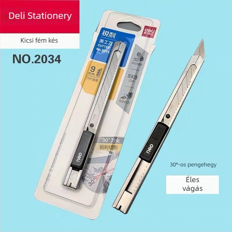 Deli 2034 Művészeti kés diák- és ipari használatra, nagy méretű rozsdamentes acél penge, papír vágáshoz és tapétázáshoz, teljes acél test, kis méret