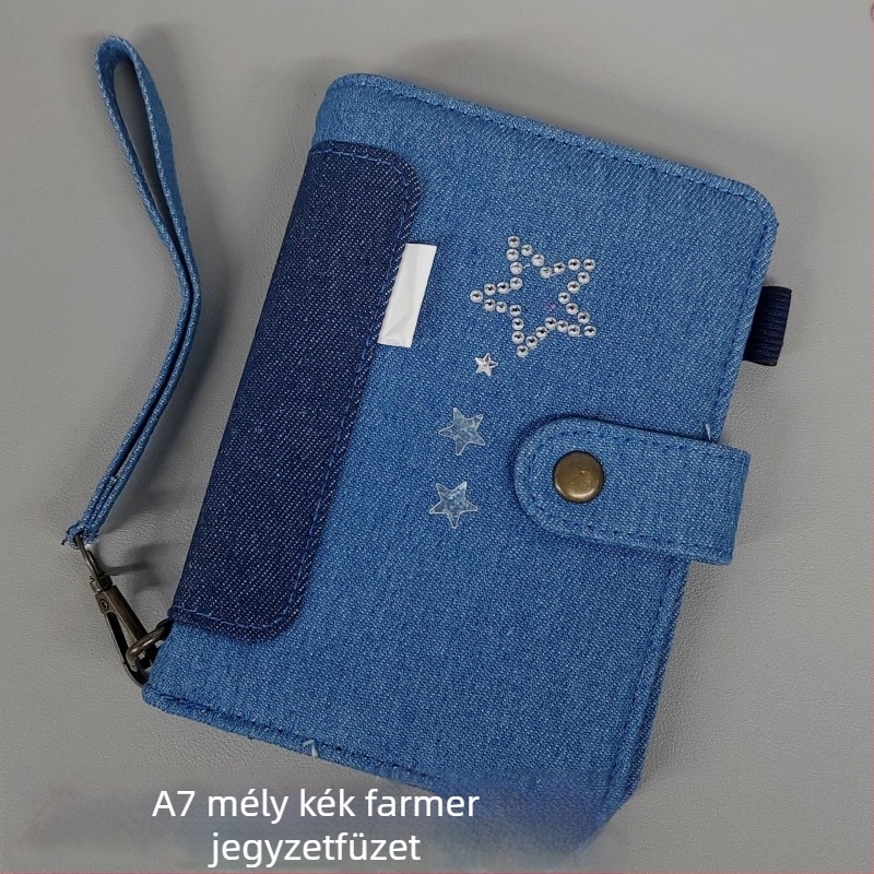 A7-es méretű sötét tengerkék denim borítású notesz, leválasztható lapokkal, kártyaalbum, különleges dizájn