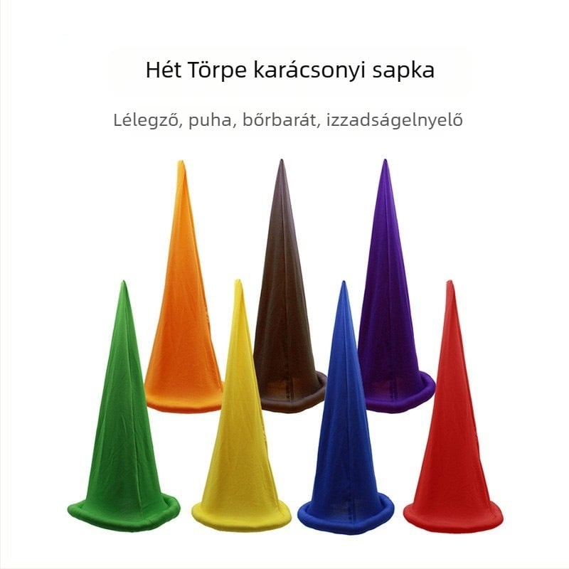 Hét törpe karácsonyi sapkák – színes fejfedők bulikhoz és fotózáshoz (piros, sárga, kék, zöld, narancs, lila, barna)