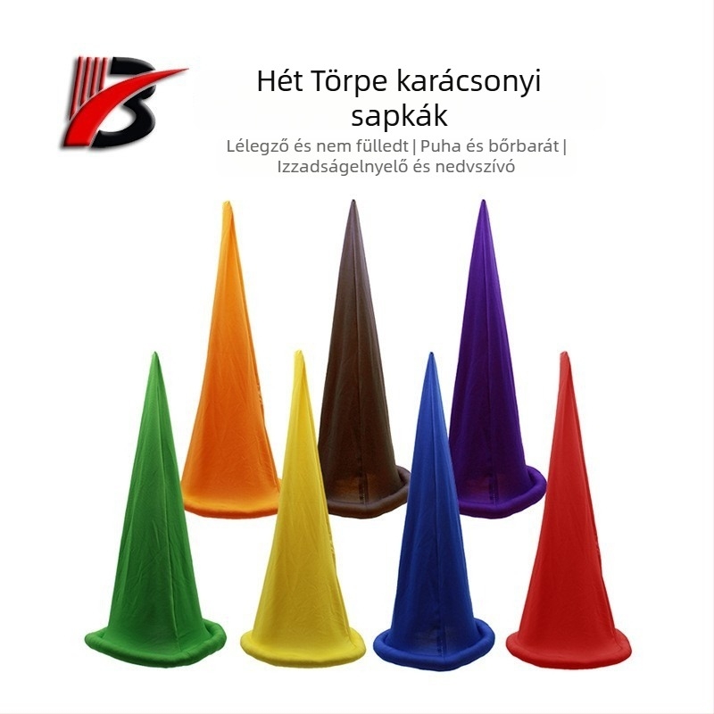 Hét törpe karácsonyi sapkák – színes fejfedők bulikhoz és fotózáshoz (piros, sárga, kék, zöld, narancs, lila, barna)