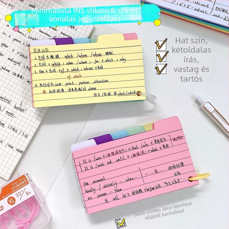 Hat színű spirálfüzet amerikai stílusú indexkártyákkal, vonalas oldalakkal, könyvjelzővel és szótárkönyvvel