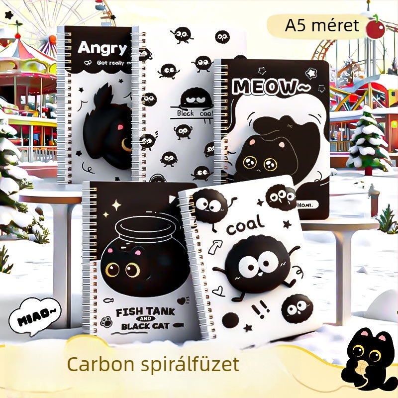 Black Cat Carbon A5 spirálfüzet vastag szemvédő papírral, vonalas és üres oldalak, 60 oldal, diákok számára