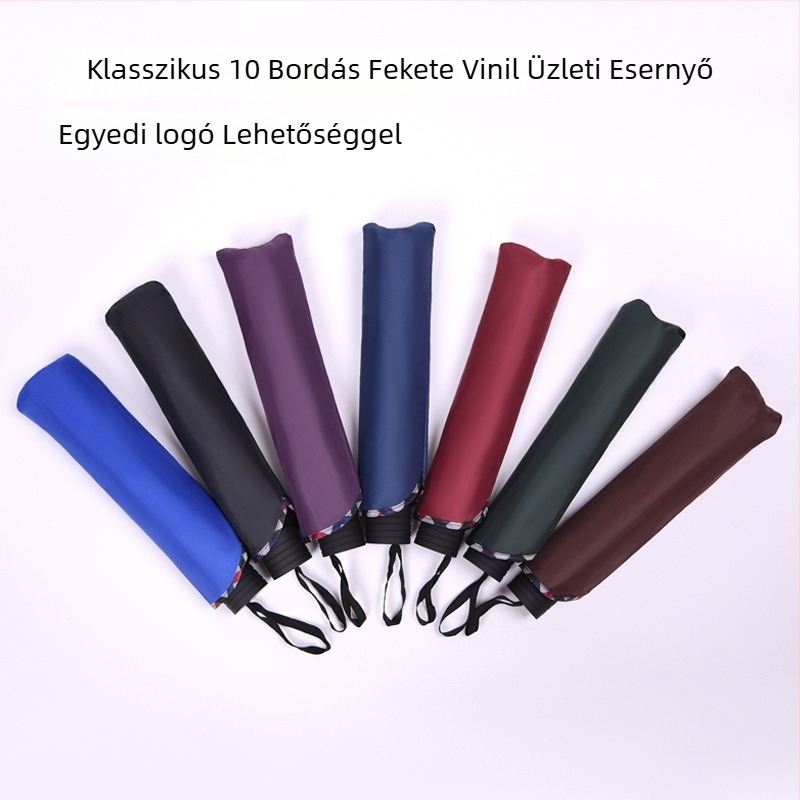 Háromszor hajtogatott esernyő, 10 acél merevítővel, üzleti stílus, vinil bevonat, UV védelem UPF50+, reklám esernyő személyre szabott logóval