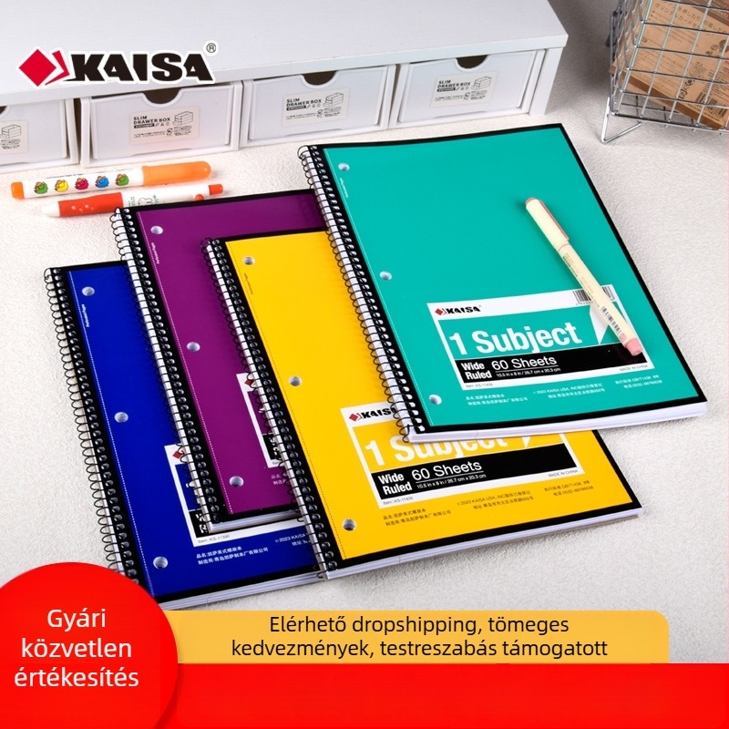 Kaisa háromlyukas spirálfüzet, vastagabb kivitelben, diákoknak, vonalas oldalakkal és perforált lapokkal