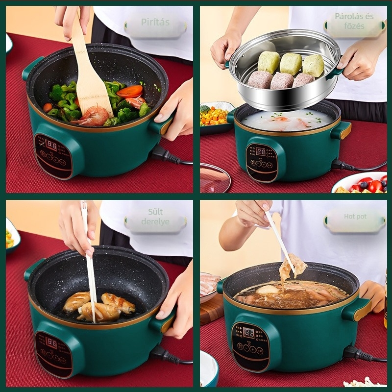 Elektromos wok és edény, integrált kettőfunkciós, 2-3 L, 801-1000 W, intelligens LCD, időzítő, hőmérséklet-szabályozás, szárazság elleni védelem, átmérő 22-28 cm