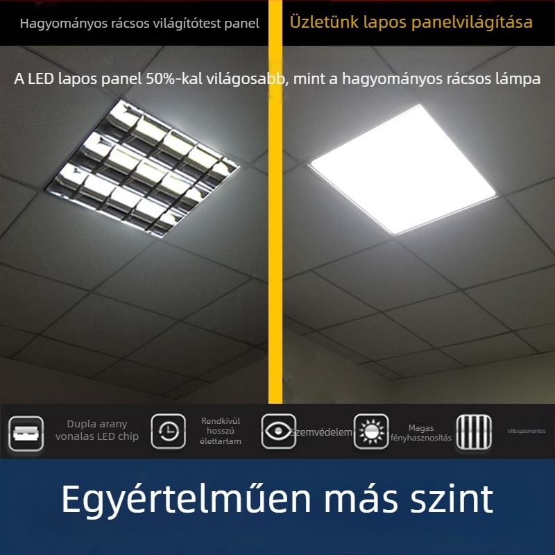 Integrált mennyezeti LED panel 600×600, sík LED panel 600×600, 60×60 rács, ásványgyapotos gipszkarton, 595 mérnöki panel világítás