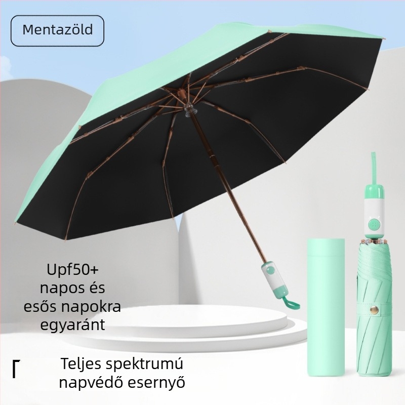 8 bordás automata esernyő napra és esőre, háromrészes összecsukható, vinil UV védelem, logózható, vállalati ajándék
