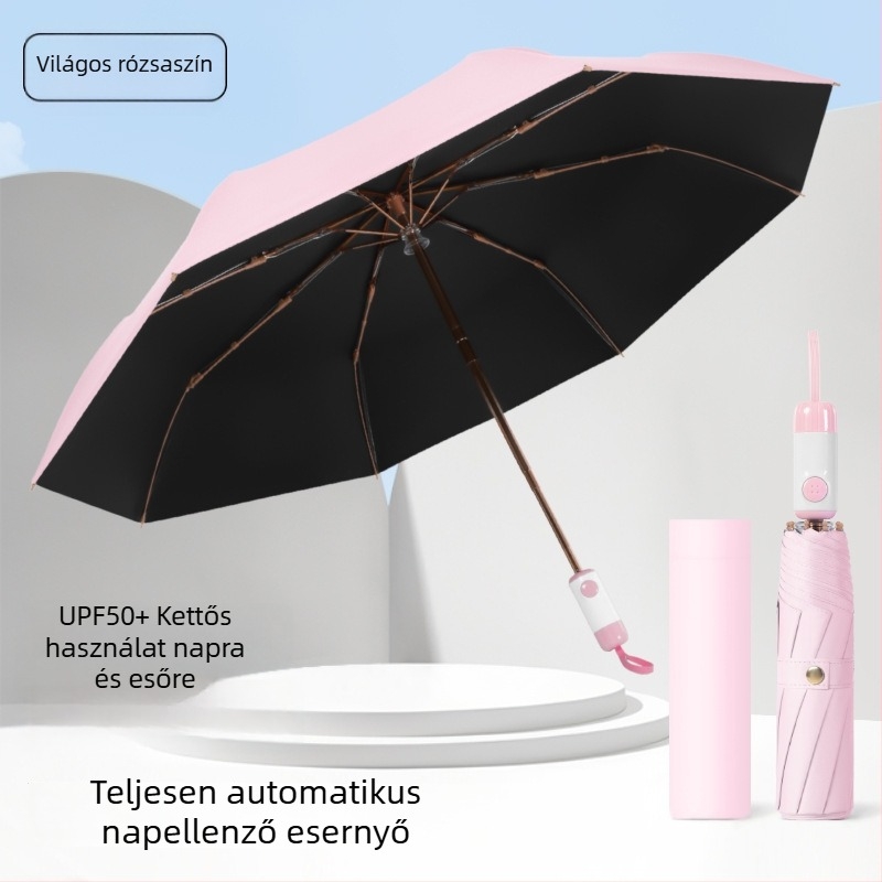 8 bordás automata esernyő napra és esőre, háromrészes összecsukható, vinil UV védelem, logózható, vállalati ajándék
