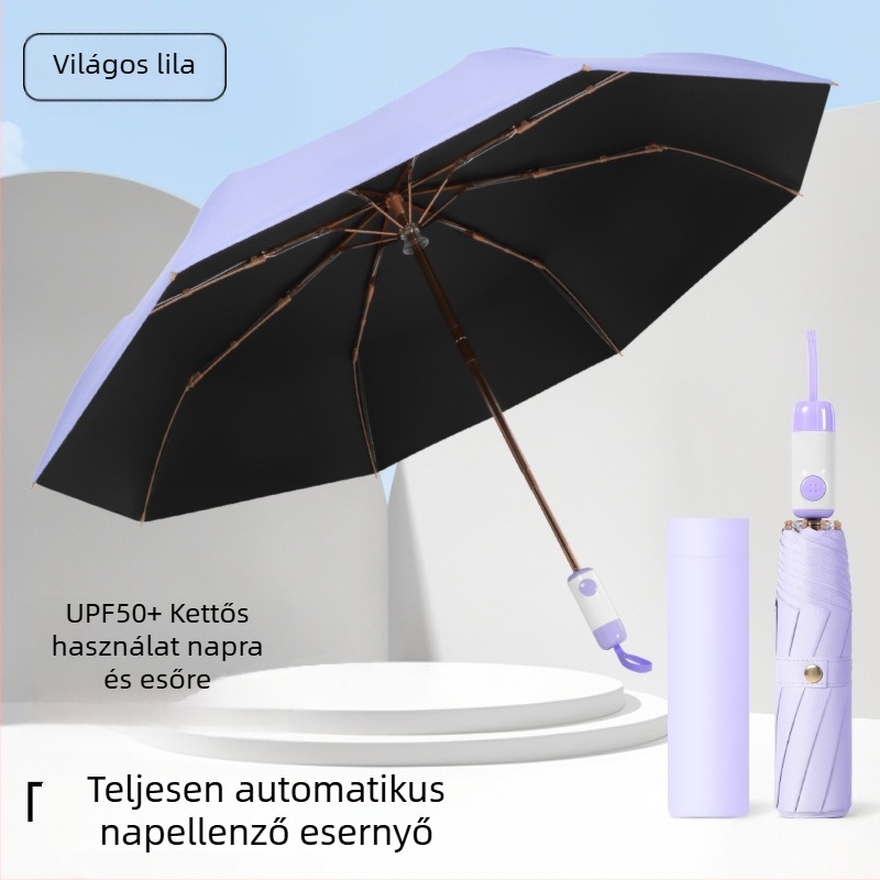 8 bordás automata esernyő napra és esőre, háromrészes összecsukható, vinil UV védelem, logózható, vállalati ajándék