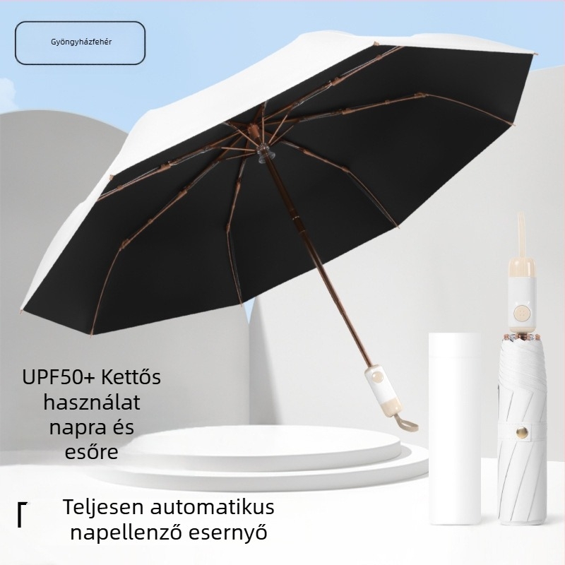 8 bordás automata esernyő napra és esőre, háromrészes összecsukható, vinil UV védelem, logózható, vállalati ajándék