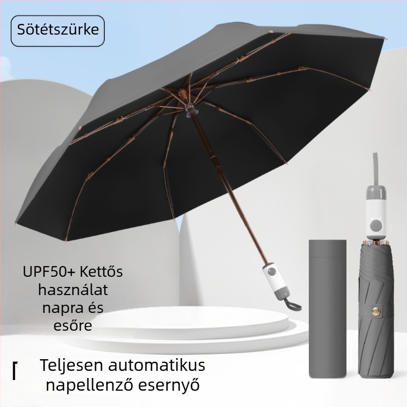 8 bordás automata esernyő napra és esőre, háromrészes összecsukható, vinil UV védelem, logózható, vállalati ajándék