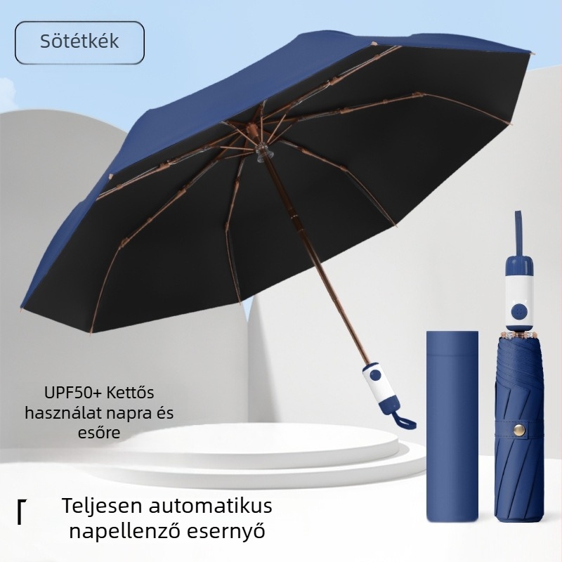 8 bordás automata esernyő napra és esőre, háromrészes összecsukható, vinil UV védelem, logózható, vállalati ajándék
