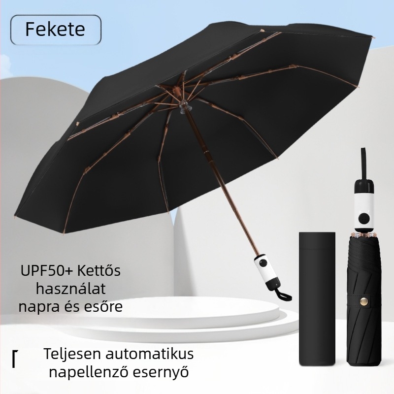 8 bordás automata esernyő napra és esőre, háromrészes összecsukható, vinil UV védelem, logózható, vállalati ajándék