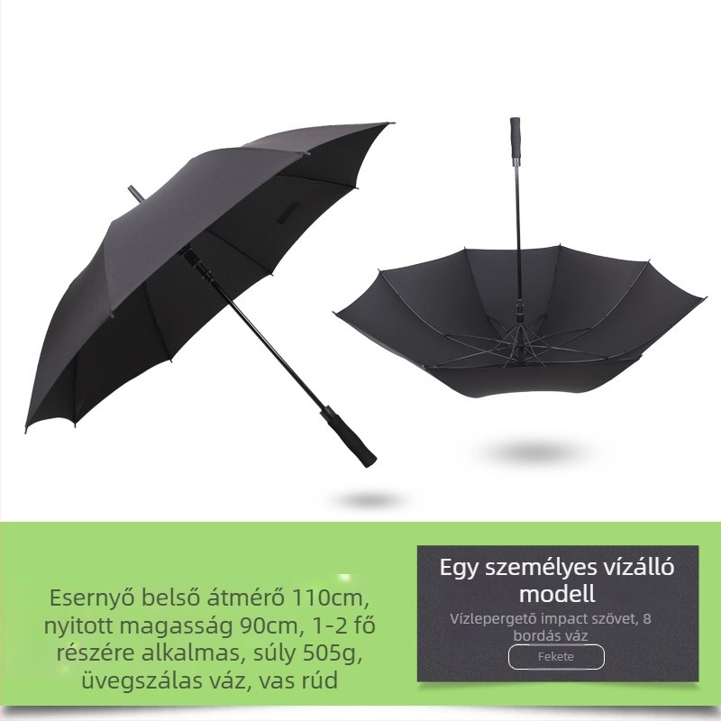 Golf esernyő extrahatalmas, dupla rétegű, szélálló, egyenes rúddal és hosszú nyele, vállalati ajándék logónyomással