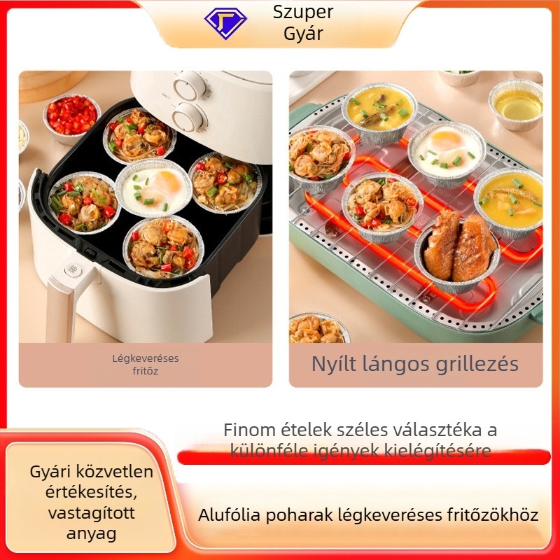 Alufóliából készült edények tojásos-tart formákhoz, poharak, osztrigákhoz való sütő és levegősütő tál