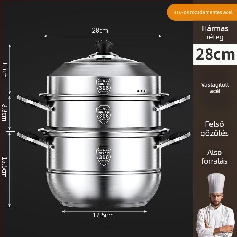 316 rozsdamentes acél gőzölő edény háztartási felhasználásra, többcélú, többszintű, vastagított, gőzölőkosárral, többfunkciós gőzölés és főzés, nagy kapacitás, kompatibil több tűzhellyel