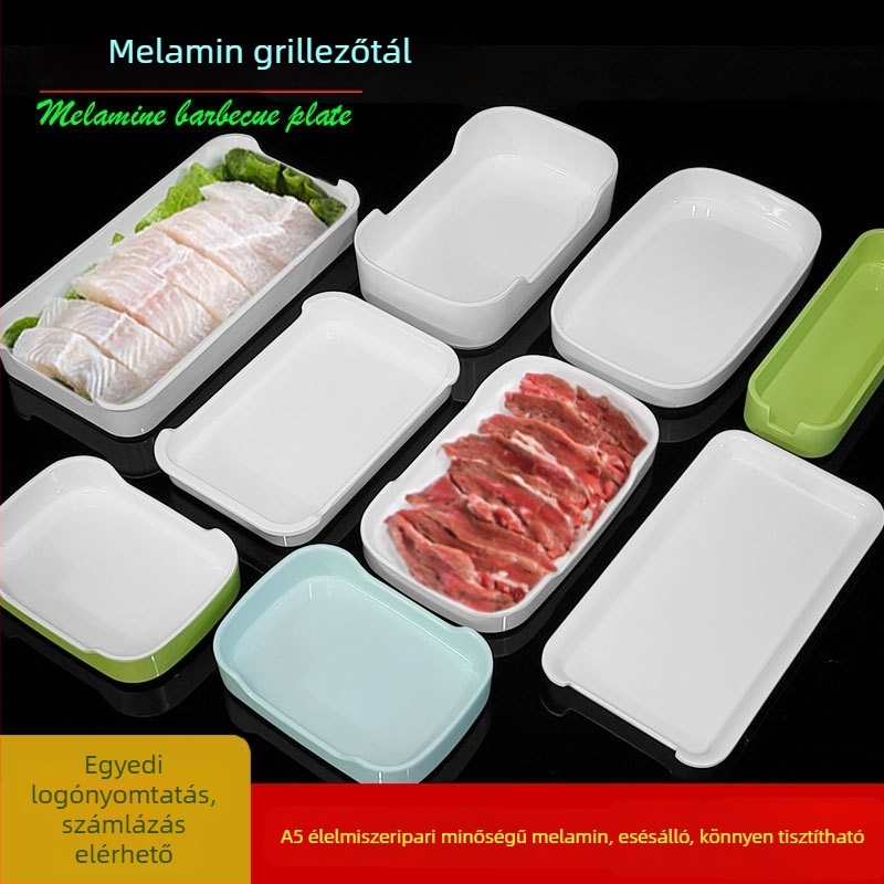 Melamin szögletes tányérok, méretei 15–19 cm, modern minimalista stílus, aláglazúros díszítés, éttermek és szállodák számára, logónyomtatás és testreszabás elérhető