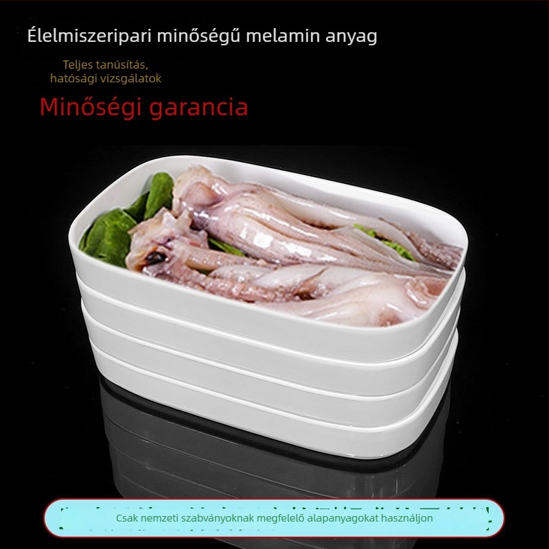 Melamin szögletes tányérok, méretei 15–19 cm, modern minimalista stílus, aláglazúros díszítés, éttermek és szállodák számára, logónyomtatás és testreszabás elérhető