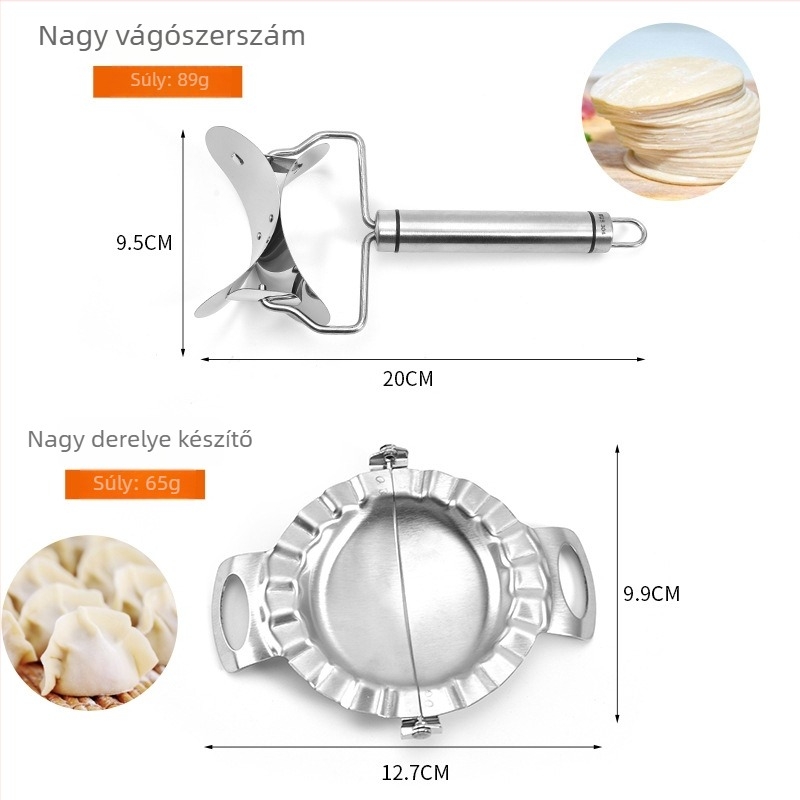 Félhold alakú rozsdamentes acél gombócvágó, kézi tésztaformázó, nagy méretű forma- és nyomókészlet
