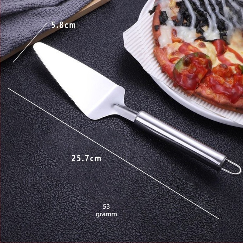 Rozsdamentes acélból készült kör alakú nyelű spatula pizzához és süteményekhez, fogazott háromszög pengével
