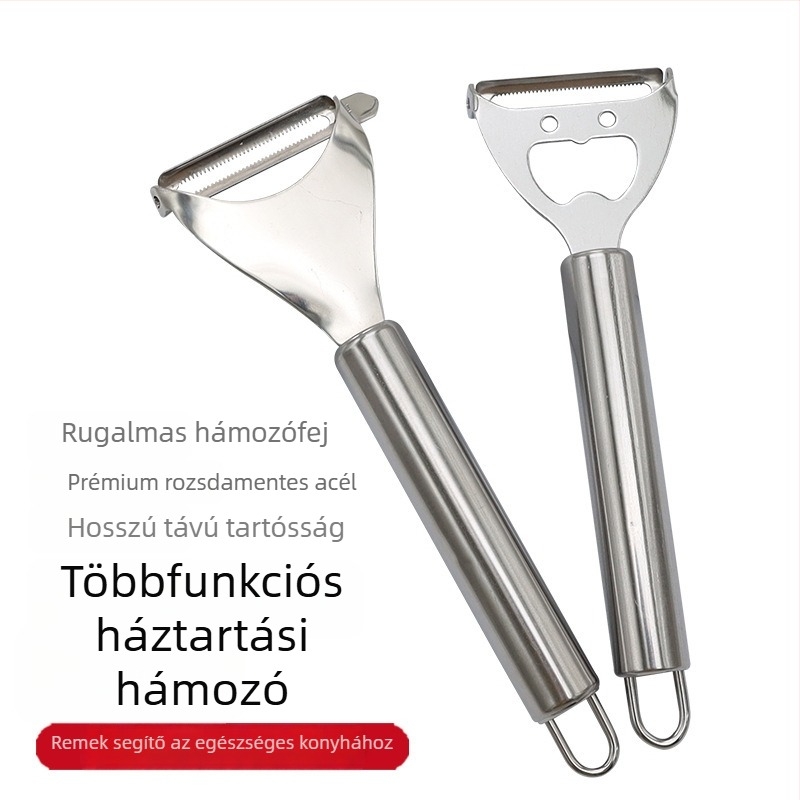 Rozsdamentes acél hámozó gyümölcsökhöz görbült pengével, üvegnyitóval – többfunkciós konyhai eszköz