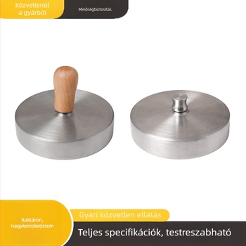 Kézi hamburgerprés körkörös fa nyéllel, rozsdamentes acél nyomófelülettel és húspogácsa-formával
