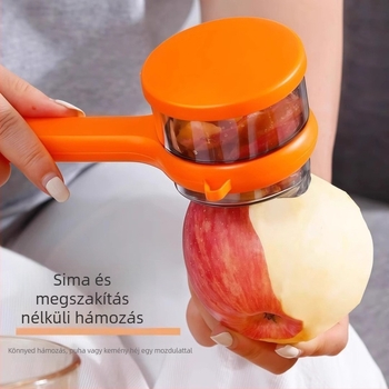 Látható tárolóval ellátott hámozó konyhai használatra, alma, spárga és körte hámozásához, beépített tárolóval.